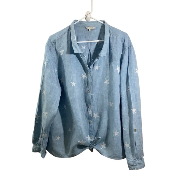 John Mark Tops - John Mark 100% Linen Light Blue Star Print Shirt